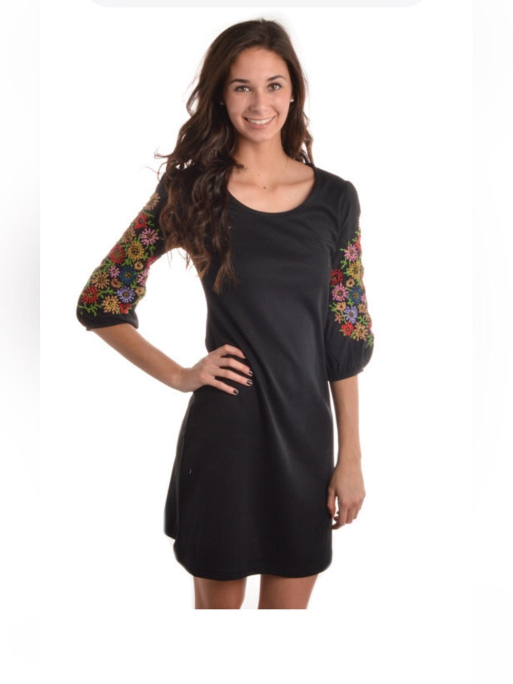 Missy Robertson by Southern Fashion House Black Floral-Embroidered Sleeve Dress